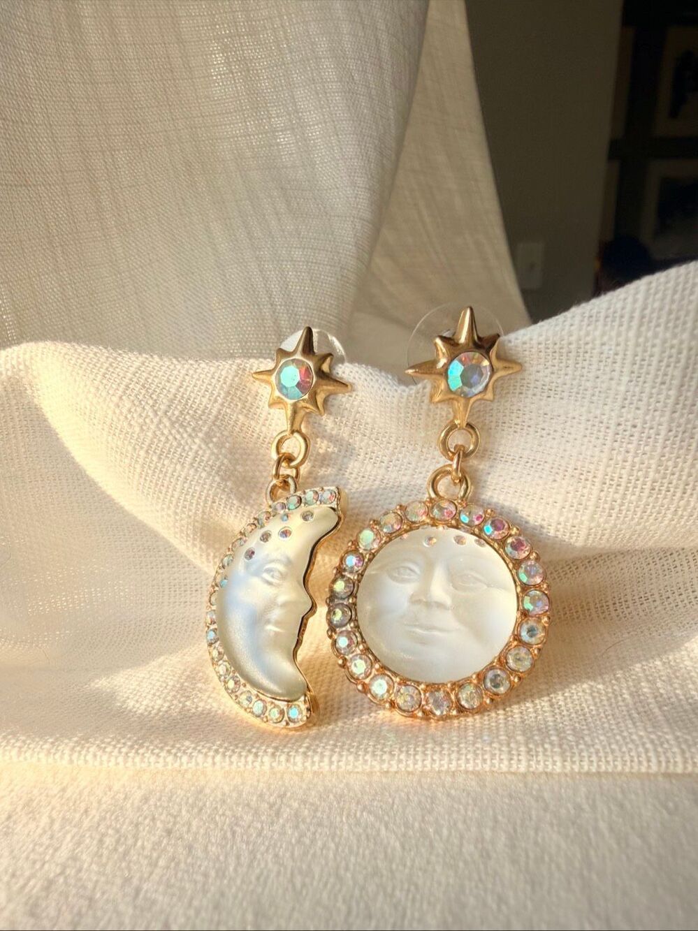 White Sun Moon Celestial Crystal Mismatched Drop Earrings